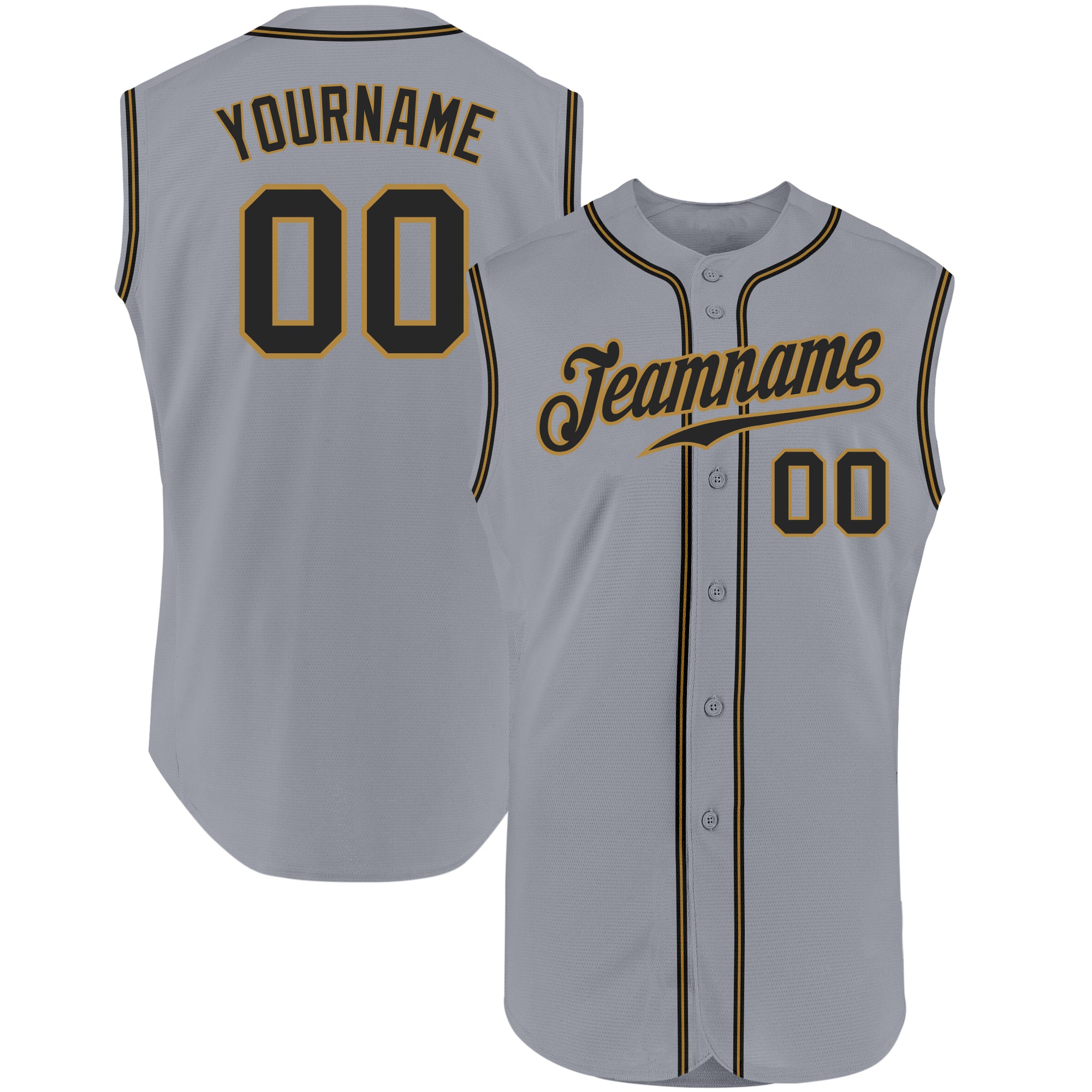 Custom Personalized Baseball Jersey with Name and Number in Gray, Black, and Old Gold - Sleeveless Team Apparel Personalized
