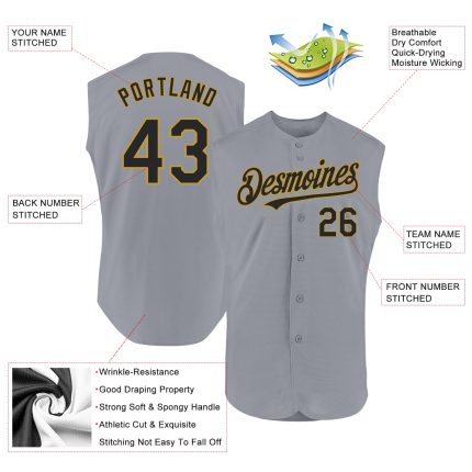 Personalized Gray Black Gold Sleeveless Baseball Jersey - Authentic Design Personalized Gray Black-Old Gold Authentic Sleeveless