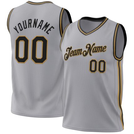 Personalized Authentic Throwback Basketball Jersey - Gray Black Old Gold Design Personalized Gray Black-Old Gold Authentic