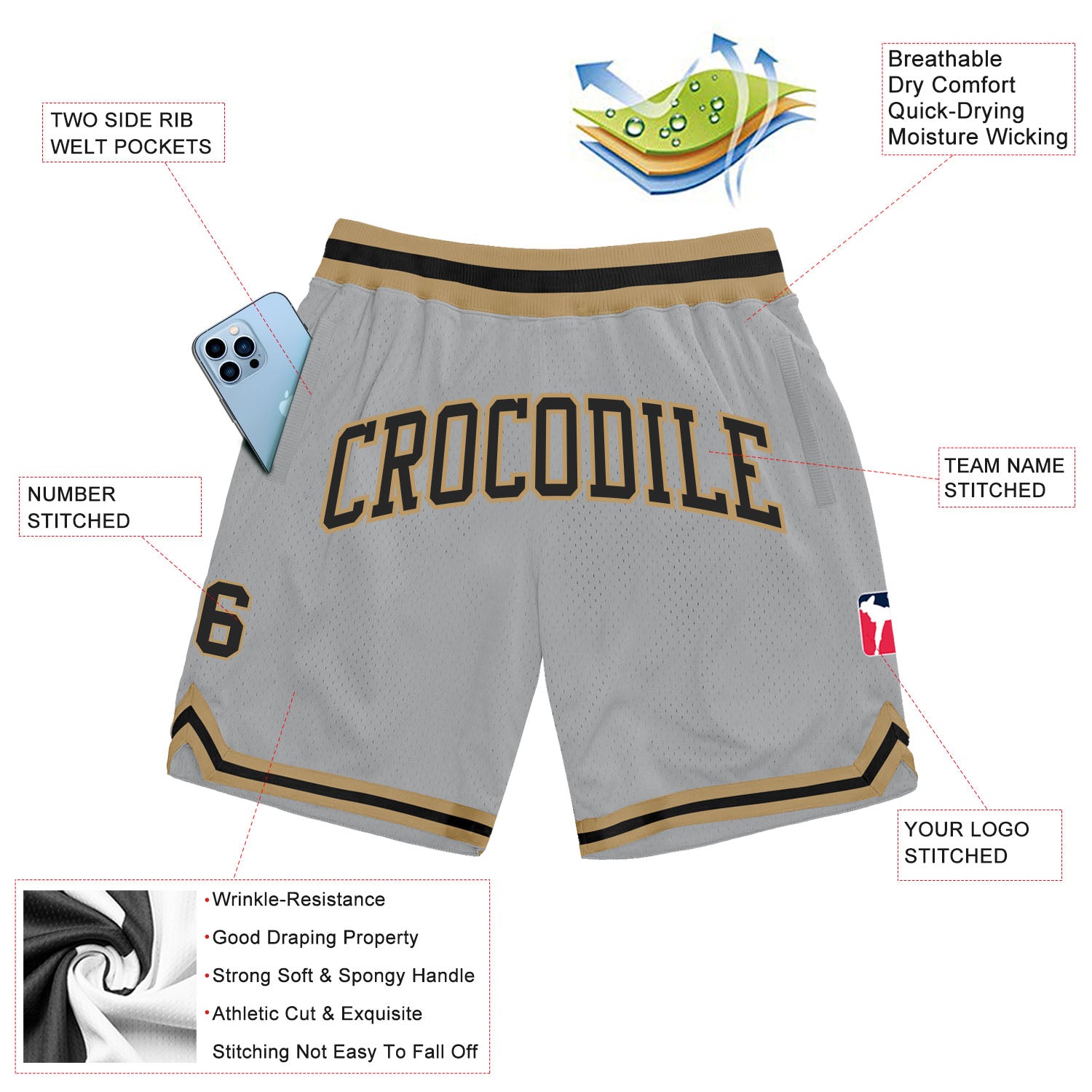 Personalized Gray Black-Old Gold Authentic Throwback Basketball Shorts Team Custom Name and Number Custom Name and Number Personalized Basketball Shorts in Gray Black and Old Gold - Authentic Throwback Design Personalized - Image 2