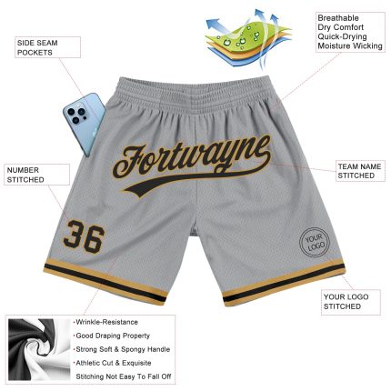 Personalized Authentic Basketball Shorts in Gray and Old Gold - Throwback Style Personalized Gray Black-Old Gold Authentic