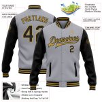 Personalized Two Tone Gray Black Old Gold Varsity Letterman Bomber Jacket Full-Snap Personalized Gray Black-Old Gold Bomber