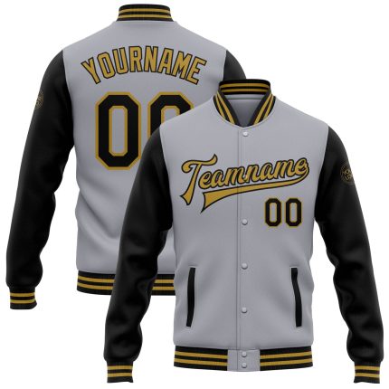 Personalized Two Tone Gray Black Old Gold Varsity Letterman Bomber Jacket Full-Snap Personalized Gray Black-Old Gold Bomber