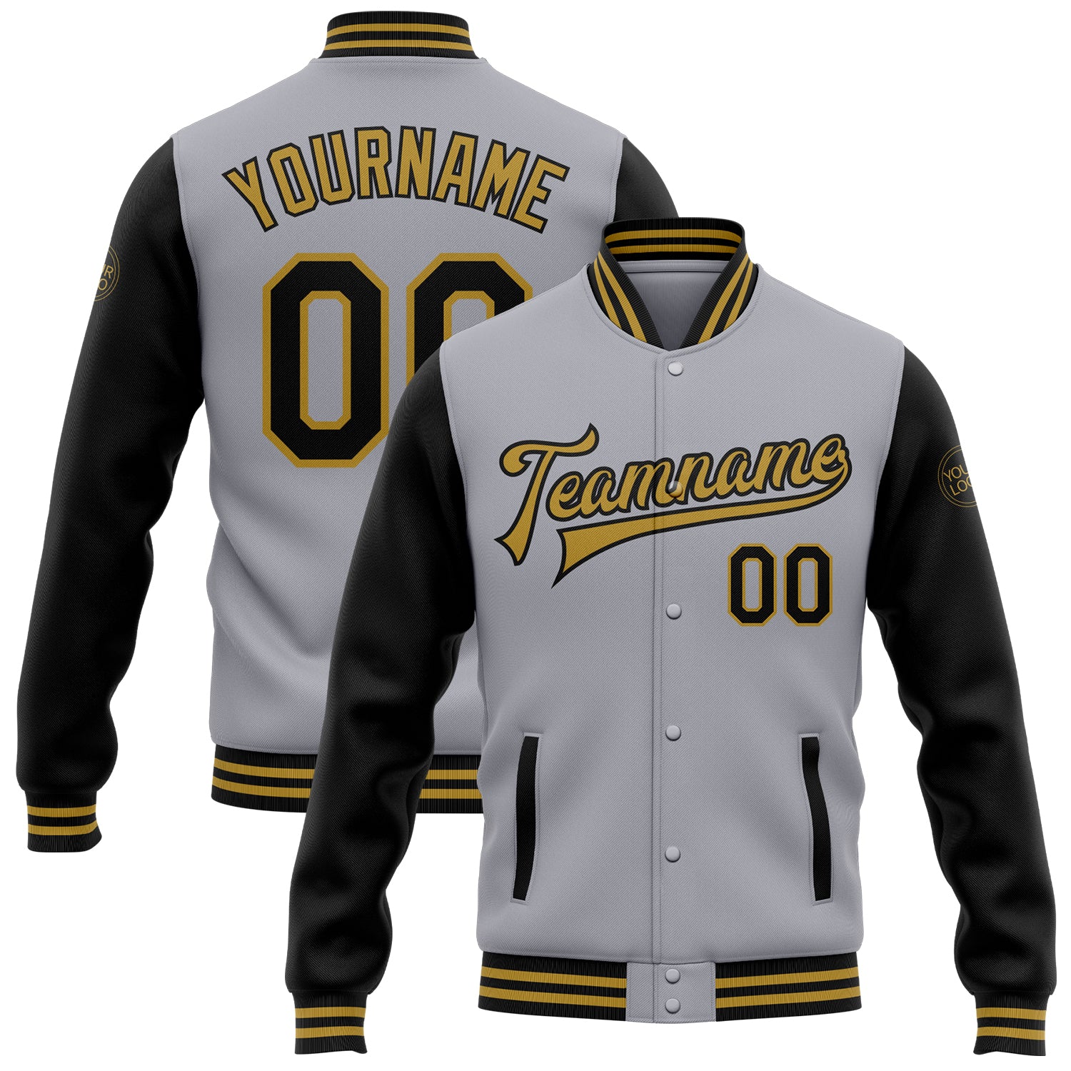 Personalized Two Tone Gray Black Old Gold Varsity Letterman Bomber Jacket Full-Snap Personalized Gray Black-Old Gold Bomber