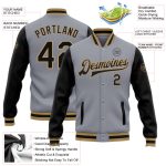 Custom Team Bomber Jacket with Personalized Name & Number - Gray Black Gold Two Tone Full-Snap Varsity Letterman Personalized