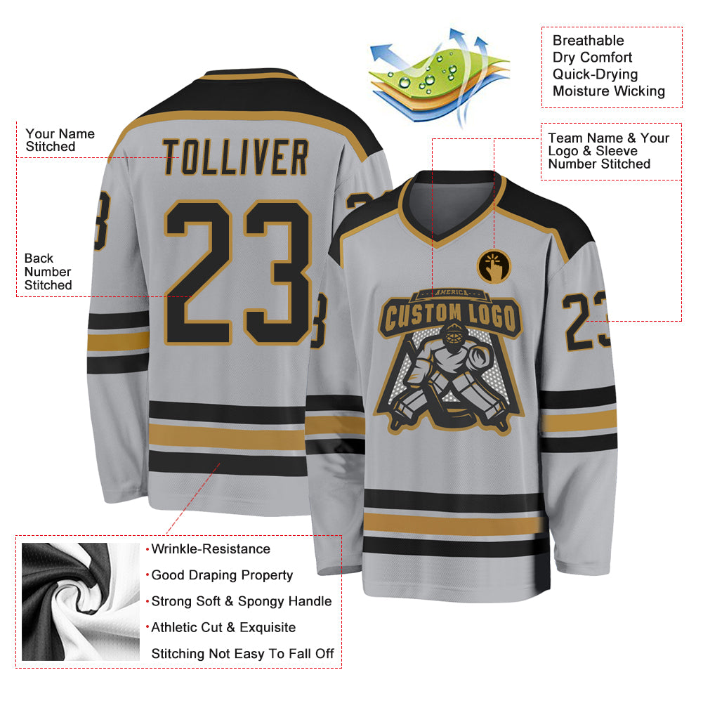 Personalized Gray Black-Old Gold Hockey Jersey Custom Gray Black Old Gold Hockey Jersey Personalized Team Apparel Personalized Gray Black-Old Gold Hockey Jersey - Image 3