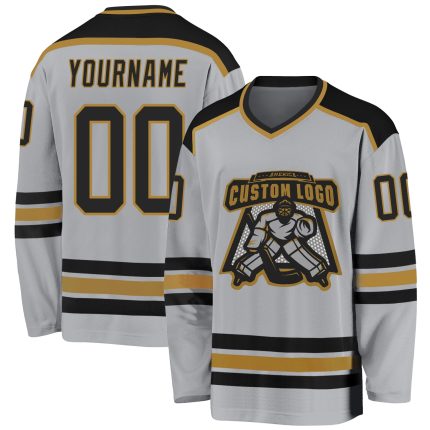 Custom Gray Black Old Gold Hockey Jersey Personalized Team Apparel Personalized Gray Black-Old Gold Hockey Jersey