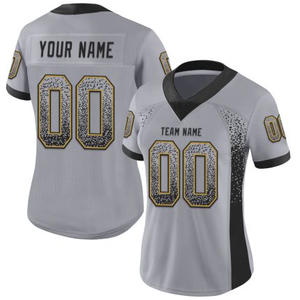Custom Team Football Jersey with Personalized Name and Number - Gray Black Old Gold Mesh Drift Design Personalized Gray Black-Old