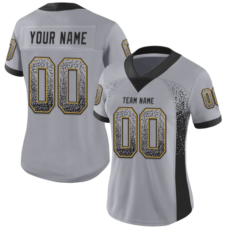Custom Team Football Jersey with Personalized Name and Number - Gray Black Old Gold Mesh Drift Design Personalized Gray Black-Old