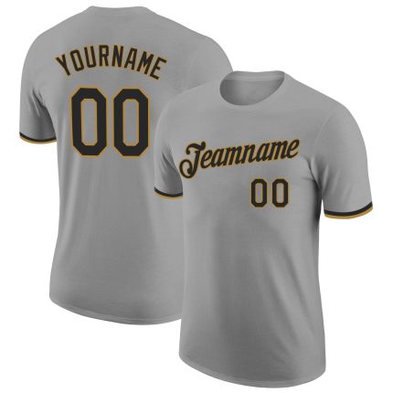 Custom Team Performance T-Shirt with Name and Number - Gray Black Old Gold Personalized Gray Black-Old Gold Performance T-Shirt