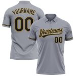 Custom Performance Vapor Golf Polo Shirt with Personalized Name and Number in Gray Black and Old Gold Personalized Gray Black-Old