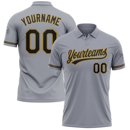 Custom Performance Vapor Golf Polo Shirt with Personalized Name and Number in Gray Black and Old Gold Personalized Gray Black-Old