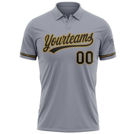 Custom Performance Vapor Golf Polo Shirt with Personalized Name and Number in Gray Black and Old Gold Personalized Gray Black-Old