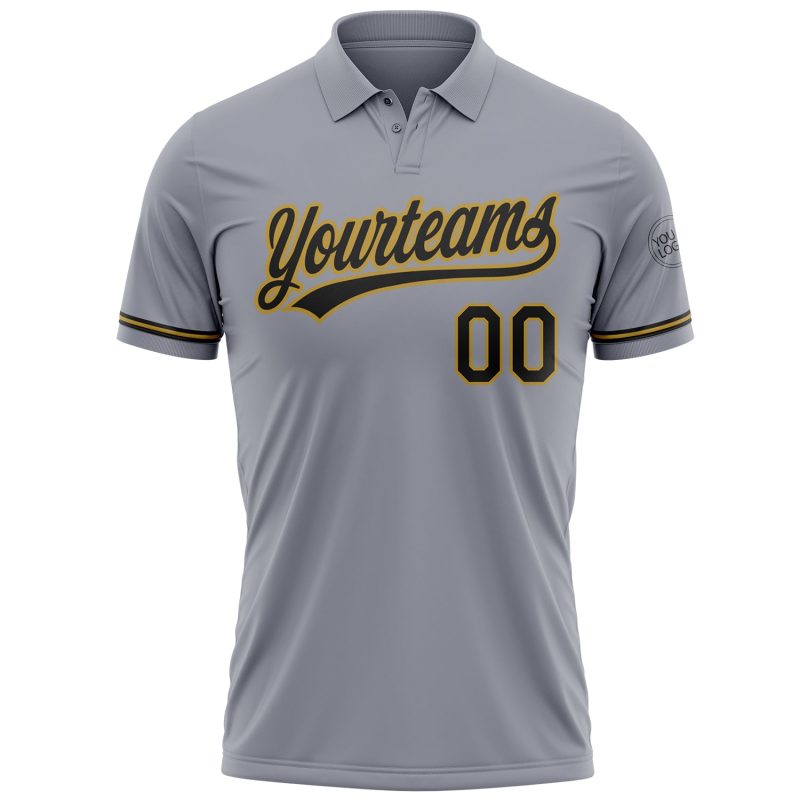 Custom Performance Vapor Golf Polo Shirt with Personalized Name and Number in Gray Black and Old Gold Personalized Gray Black-Old