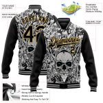 Custom Personalized Skull Varsity Letterman Jacket With Feather, Gray Black & Old Gold 3D Bomber - Team Name & Number Personalized