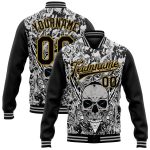 Custom Personalized Skull Varsity Letterman Jacket With Feather, Gray Black & Old Gold 3D Bomber - Team Name & Number Personalized