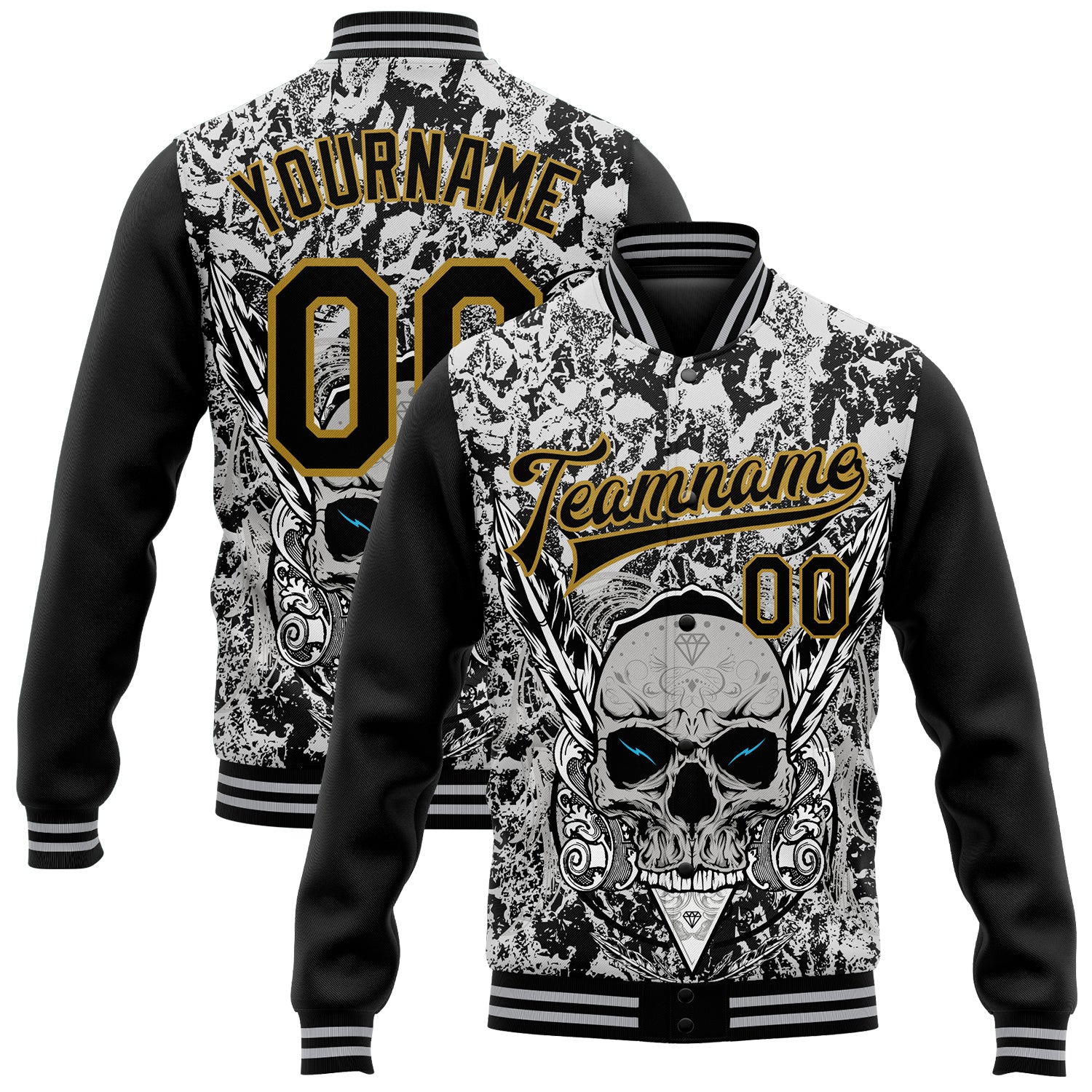 Custom Personalized Skull Varsity Letterman Jacket With Feather, Gray Black & Old Gold 3D Bomber - Team Name & Number Personalized