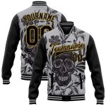 Custom Name Number 3D Skull Flowers Gray Black Old Gold Bomber Varsity Letterman Two Tone Jacket Personalized Gray Black-Old