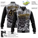 Custom Name Number 3D Skull Flowers Gray Black Old Gold Bomber Varsity Letterman Two Tone Jacket Personalized Gray Black-Old