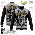 Custom Name and Number Team 3D Bomber Varsity Jacket Gray Black Gold Skull with Thorns Full-Snap Letterman Personalized Gray