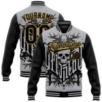 Custom Name and Number Team 3D Bomber Varsity Jacket Gray Black Gold Skull with Thorns Full-Snap Letterman Personalized Gray