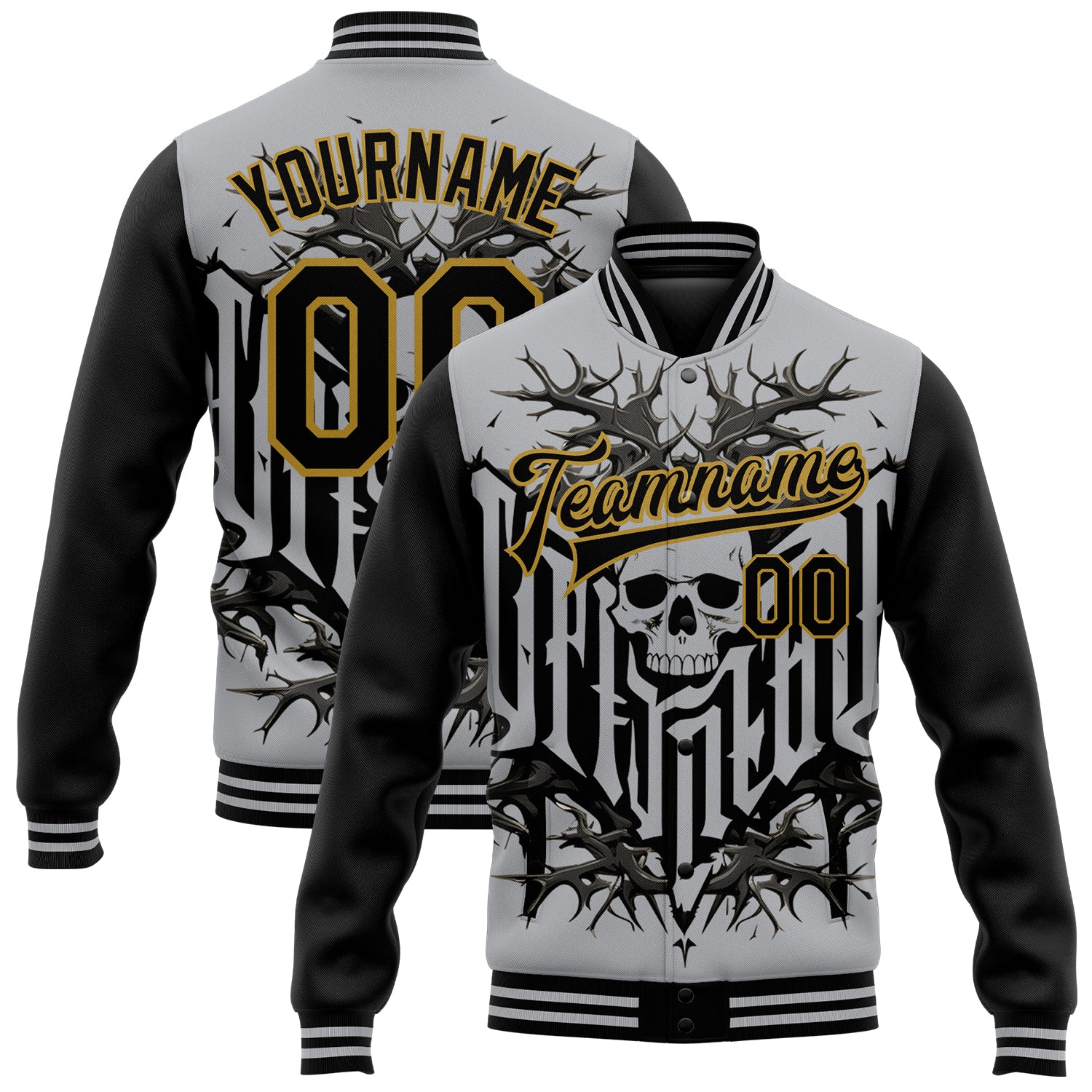 Custom Name and Number Team 3D Bomber Varsity Jacket Gray Black Gold Skull with Thorns Full-Snap Letterman Personalized Gray