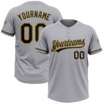 Custom Name and Number Two-Button Unisex Softball Jersey - Personalized Gray Black-Old Gold Design Personalized Gray Black-Old