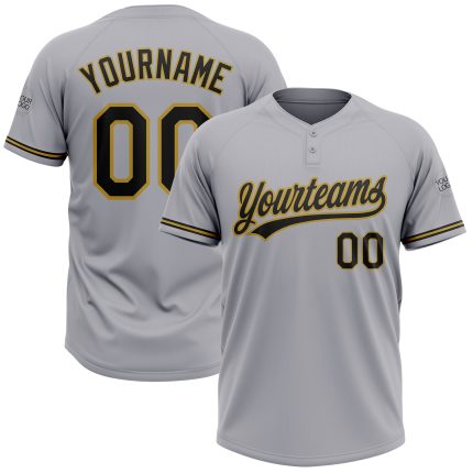 Custom Name and Number Two-Button Unisex Softball Jersey - Personalized Gray Black-Old Gold Design Personalized Gray Black-Old