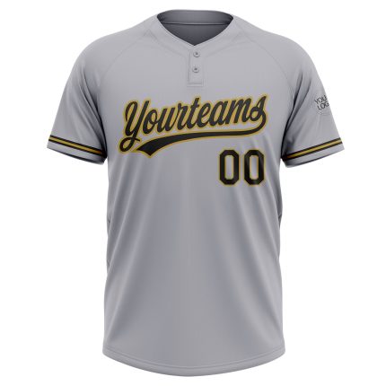 Custom Name and Number Two-Button Unisex Softball Jersey - Personalized Gray Black-Old Gold Design Personalized Gray Black-Old