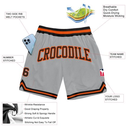 Custom Name Number Basketball Shorts - Personalized Gray Black-Orange Authentic Throwback Team Apparel Personalized Gray