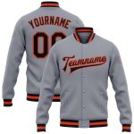 Custom Name Number Varsity Letterman Jacket Gray Black-Orange Bomber Full-Snap Personalized Team Apparel Personalized Gray