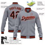Custom Name Number Varsity Letterman Jacket Gray Black-Orange Bomber Full-Snap Personalized Team Apparel Personalized Gray