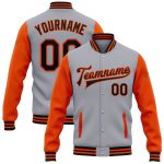 Personalized Black Orange Gray Bomber Jacket Full-Snap Varsity Letterman Two Tone Personalized Gray Black-Orange Bomber Full-Snap