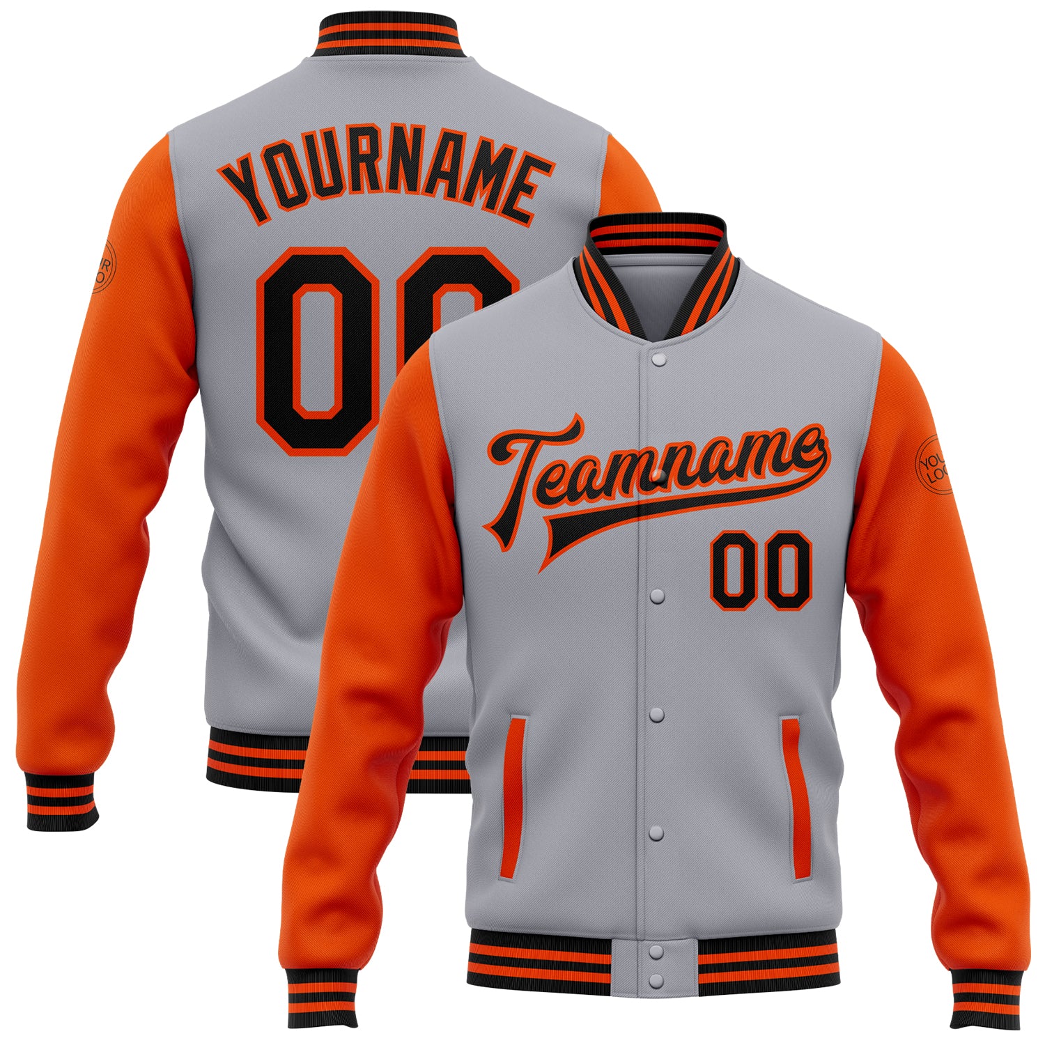 Personalized Black Orange Gray Bomber Jacket Full-Snap Varsity Letterman Two Tone Personalized Gray Black-Orange Bomber Full-Snap