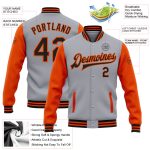 Personalized Black Orange Gray Bomber Jacket Full-Snap Varsity Letterman Two Tone Personalized Gray Black-Orange Bomber Full-Snap