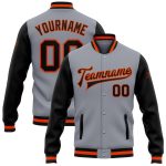 Custom Team Name Number Varsity Jacket Gray Black-Orange Two Tone Bomber Full-Snap Letterman Personalized Gray Black-Orange