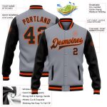Custom Team Name Number Varsity Jacket Gray Black-Orange Two Tone Bomber Full-Snap Letterman Personalized Gray Black-Orange