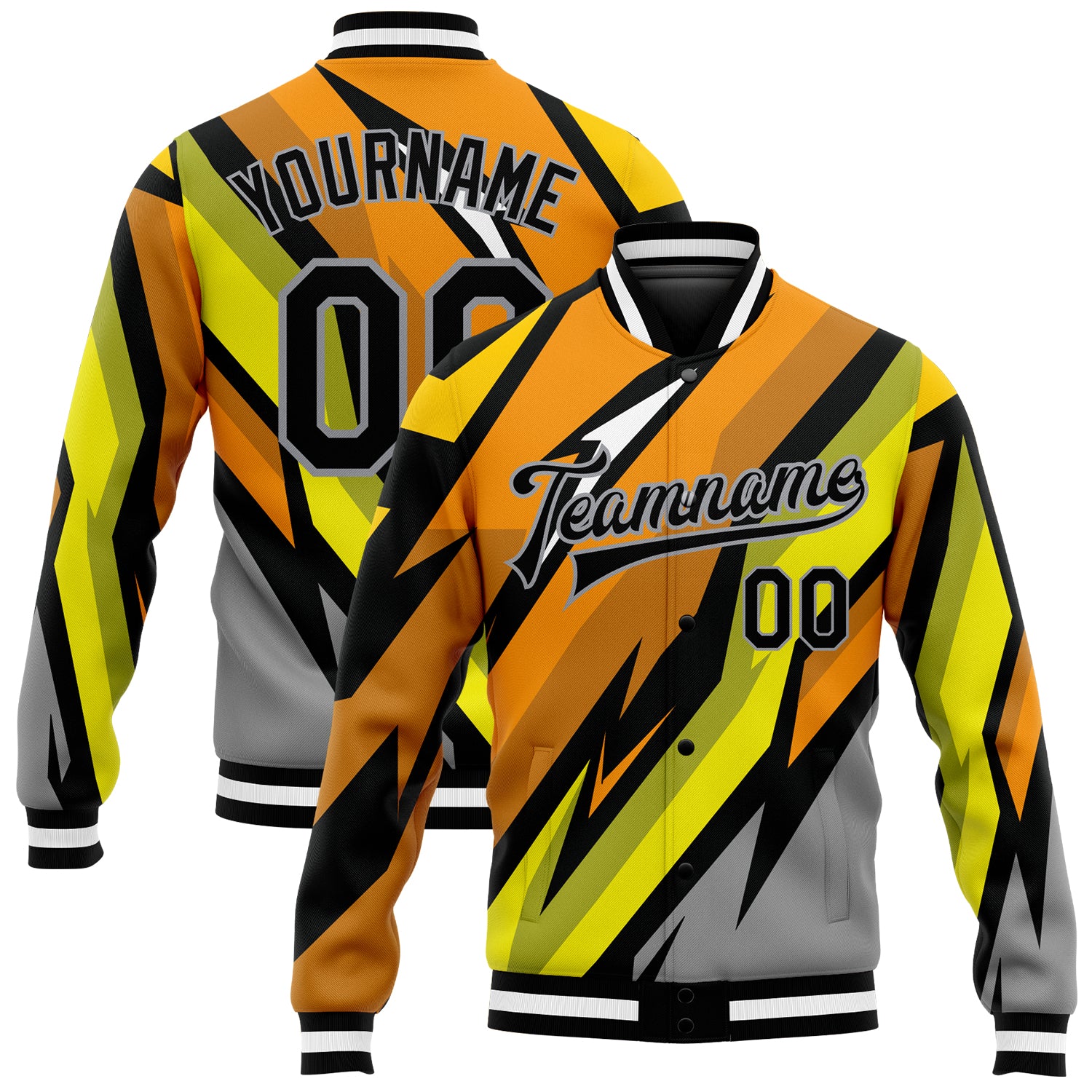 Custom Team Name and Number Varsity Jacket 3D Pattern Gray Black Orange Gold Full-Snap Bomber Jacket Personalized Gray Black