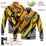 Custom Team Name and Number Varsity Jacket 3D Pattern Gray Black Orange Gold Full-Snap Bomber Jacket Personalized Gray Black