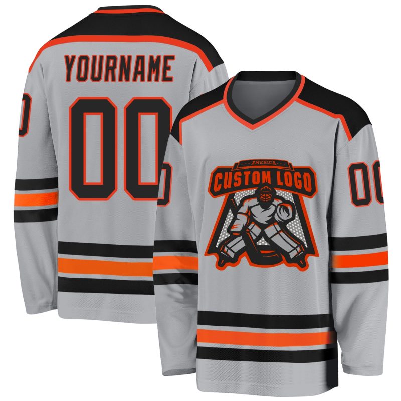 Custom gray, black and orange hockey jersey
