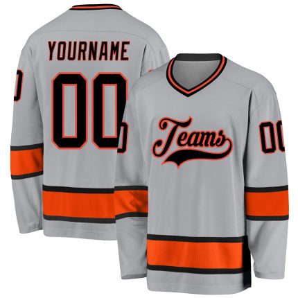 Custom Name & Number Gray Black-Orange Hockey Jersey - Personalized Team Apparel Personalized Gray Black-Orange Hockey Jersey