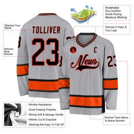 Custom Name & Number Gray Black-Orange Hockey Jersey - Personalized Team Apparel Personalized Gray Black-Orange Hockey Jersey