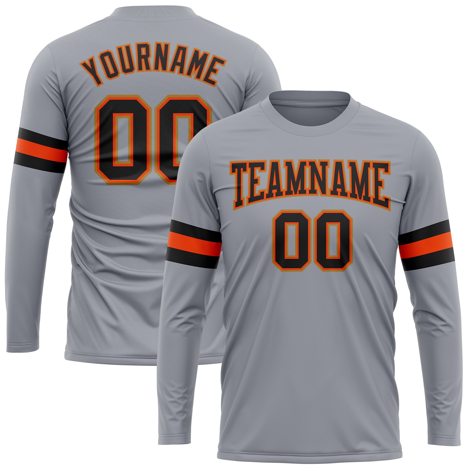 Custom Team Long Sleeve Performance T-Shirt with Personalized Name and Number in Gray, Black, Orange, and Old Gold Personalized