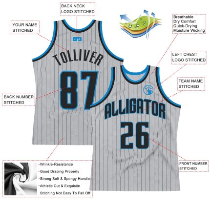 Custom Name and Number Personalized Authentic Basketball Jersey Gray Black Pinstripe Black Blue Personalized Gray Black Pinstripe