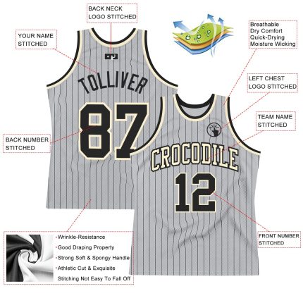 Custom Basketball Jersey with Personalized Name and Number - Gray Black Pinstripe Authentic Design Personalized Gray Black
