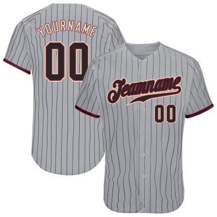 Custom Name and Number Authentic Baseball Jersey - Personalized Gray and Black Pinstripe with Crimson Trim Personalized Gray