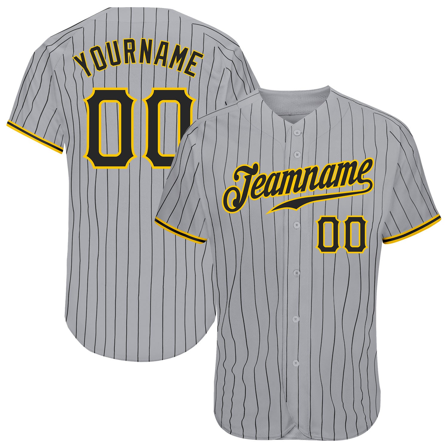Custom Name and Number Personalized Black Gold Baseball Jersey with Gray Black Pinstripes - Authentic Team Gear Personalized