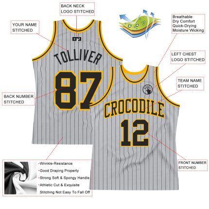 Personalized Black Gold Basketball Jersey - Authentic Gray Black Pinstripe Design Personalized Gray Black Pinstripe Black-Gold