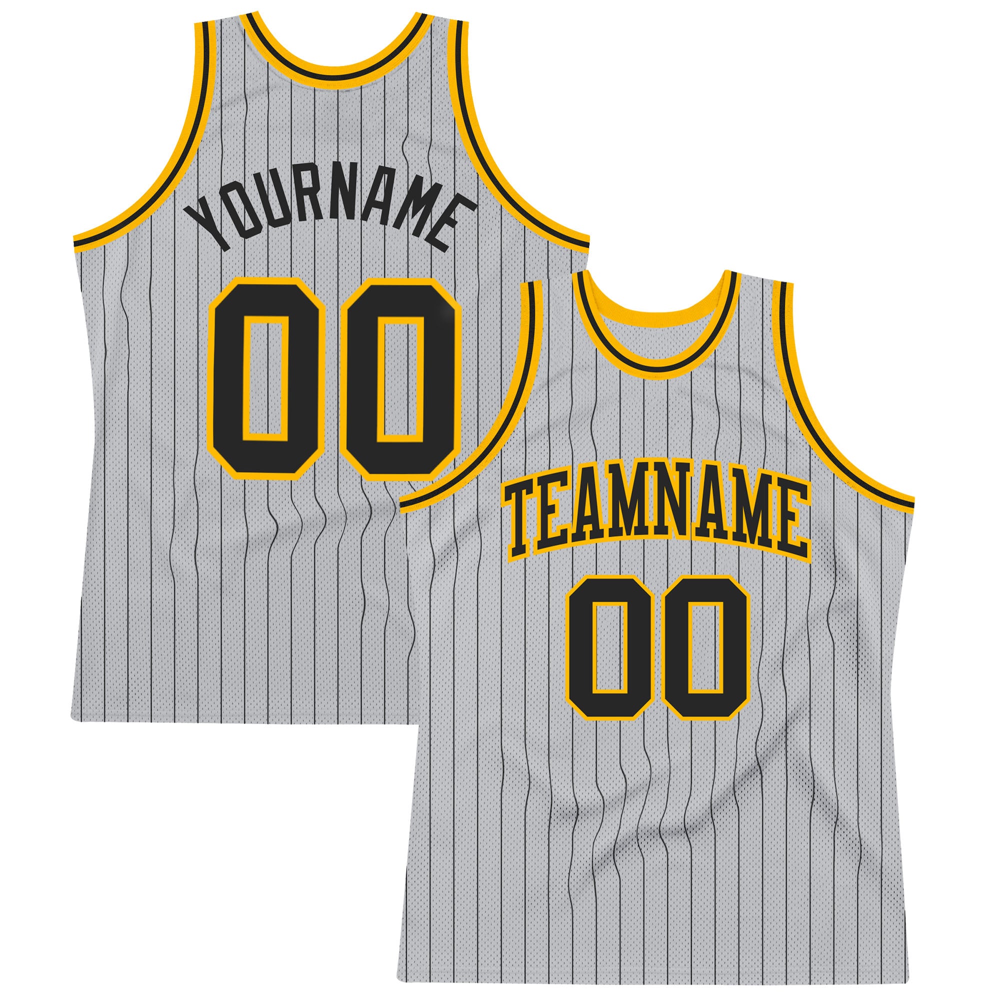 Personalized Black Gold Basketball Jersey - Authentic Gray Black Pinstripe Design Personalized Gray Black Pinstripe Black-Gold