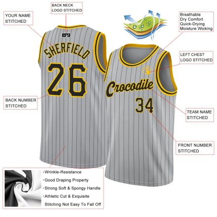 Custom Basketball Jersey with Personalized Name and Number - Authentic Gray Black Pinstripe Black-Gold Design Personalized